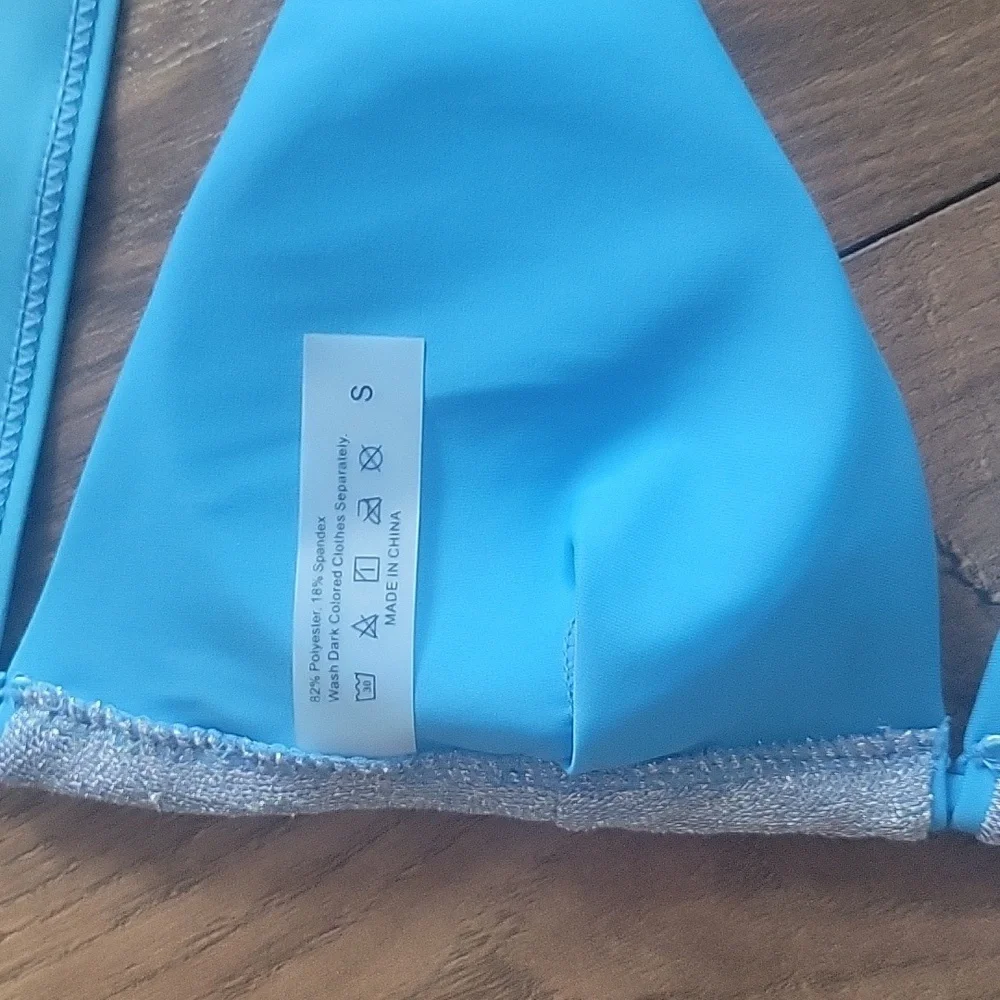 Triangle Blue Silver Glitter Bikini Top, Size Small